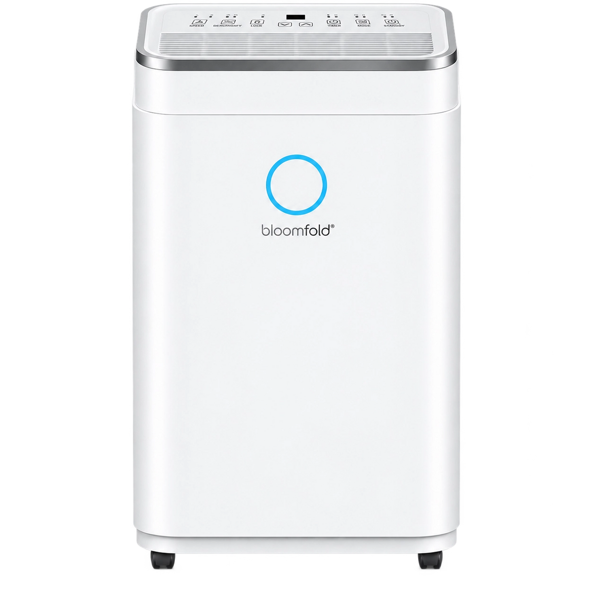 White Bloomfold dehumidifier with a control panel on top and a blue illuminated button on the front.