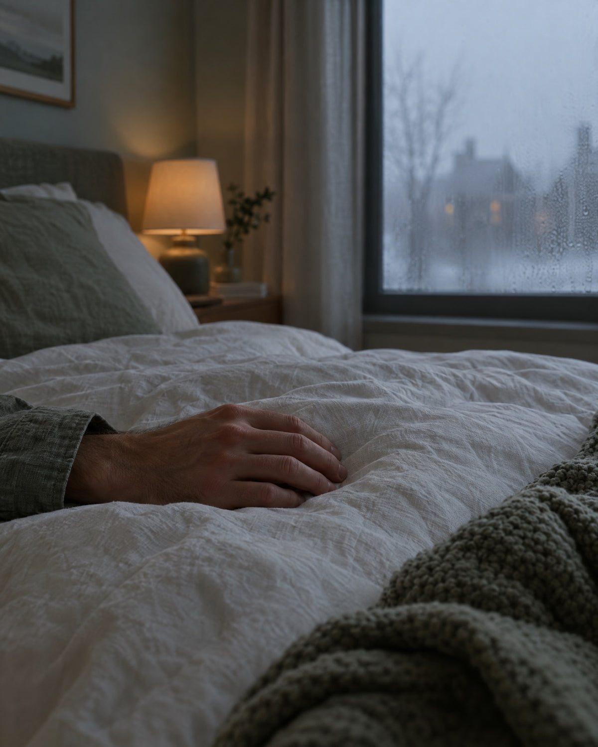Hand op een dekbed in een koele slaapkamer