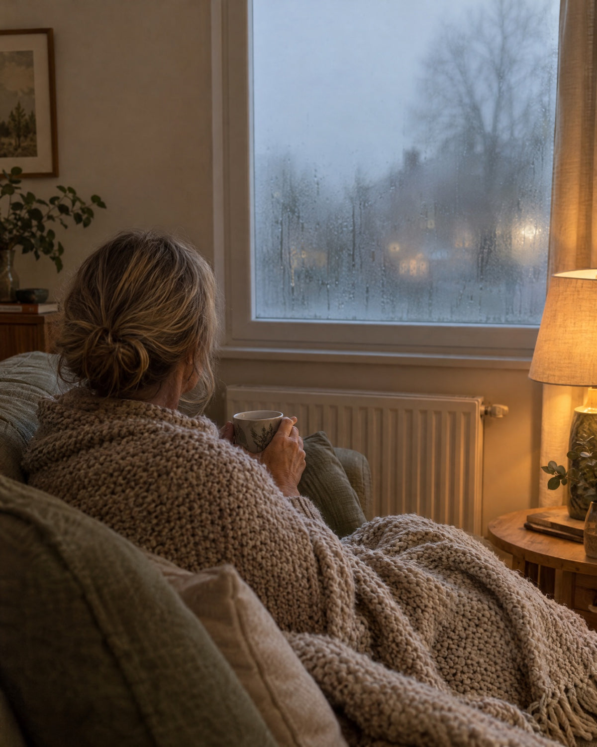 Vrouw met deken bij een beslagen raam