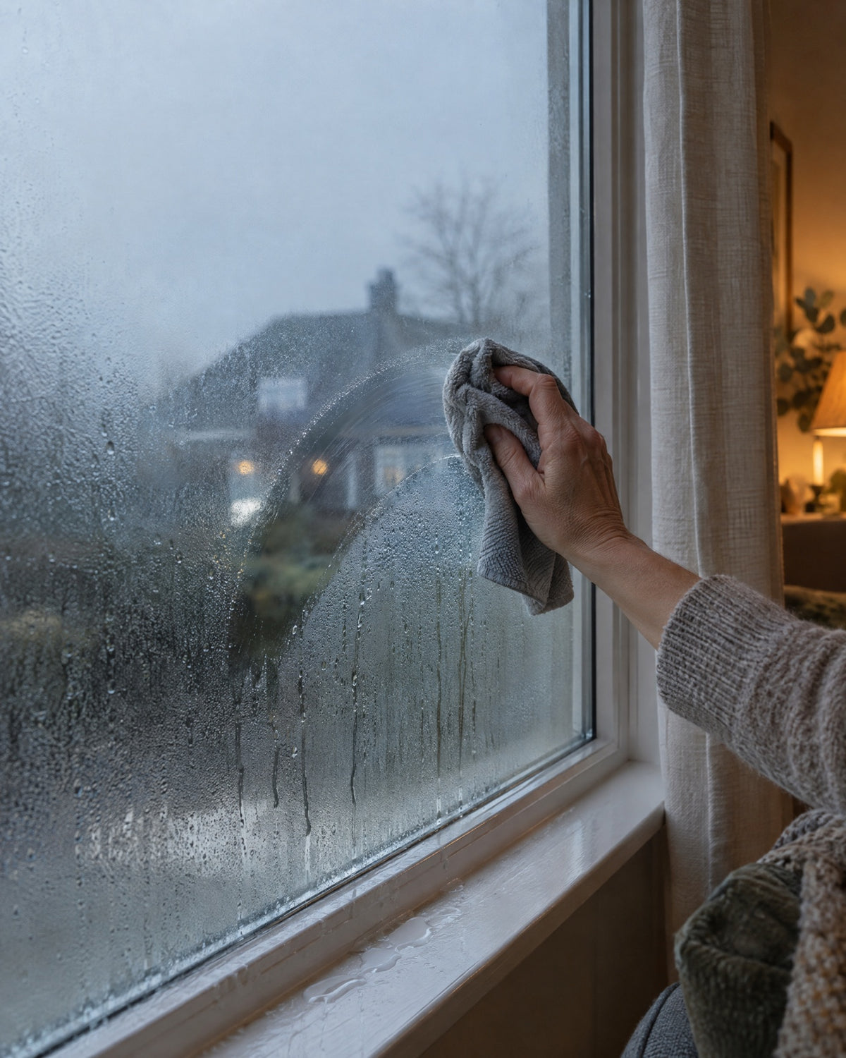 Hand veegt een beslagen raam droog met een doek